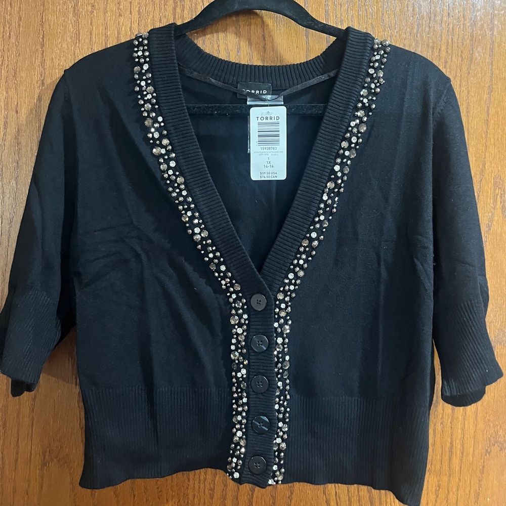 Torrid Black Crop Button-Up Cardigan with Rhinestone Details